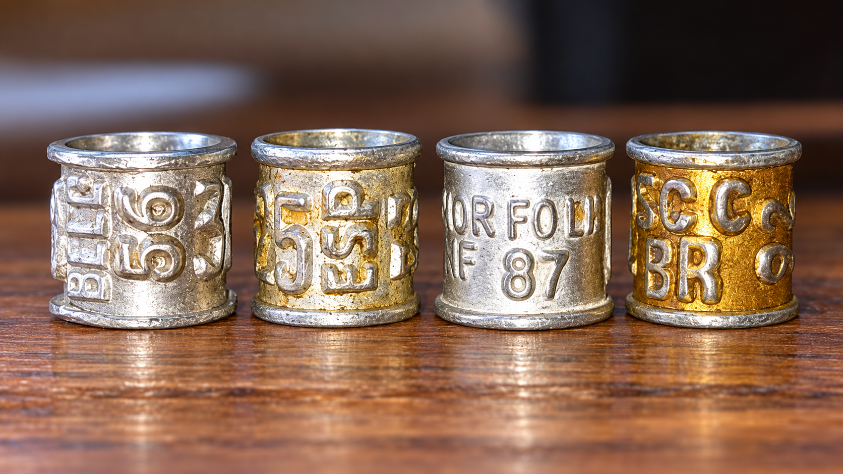 Vier alte Taubenringe aus silberfarbenem und goldfarbenem Metall auf Holz